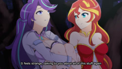 Size: 1280x720 | Tagged: safe, artist:jonfawkes, character:starlight glimmer, character:sunset shimmer, species:human, series:nightmare war, anime, breasts, busty starlight glimmer, busty sunset shimmer, cleavage, duo, fake screencap, humanized, subtitles