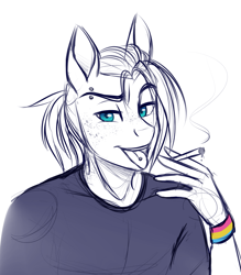 Size: 2367x2702 | Tagged: safe, artist:askbubblelee, oc, oc only, oc:singe, species:anthro, species:pony, anthro oc, cigarette, clothing, freckles, male, pansexual, piercing, rebel, shirt, simple background, sketch, solo, stallion, teenager, tongue out, tongue piercing, white background