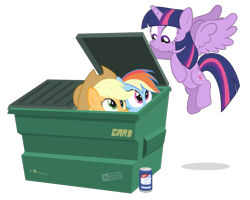 Size: 1000x800 | Tagged: safe, artist:dm29, character:applejack, character:rainbow dash, character:twilight sparkle, character:twilight sparkle (alicorn), species:alicorn, species:earth pony, species:pegasus, species:pony, dumpster, female, flying, mare, simple background, transparent background