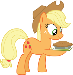 Size: 3000x3087 | Tagged: safe, artist:cloudyglow, artist:yanoda, character:applejack, species:earth pony, species:pony, episode:applejack's day off, .ai available, clothing, cowboy hat, female, food, freckles, hat, mare, pie, raised hoof, simple background, smiling, stetson, transparent background, vector
