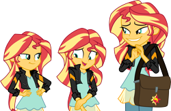 Size: 4600x3000 | Tagged: safe, artist:cloudyglow, character:sunset shimmer, equestria girls:mirror magic, g4, my little pony: equestria girls, my little pony:equestria girls, spoiler:eqg specials, .ai available, absurd resolution, clothing, jacket, leather jacket, multeity, open mouth, shimmerstorm, shoulder bag, simple background, smiling, transparent background, triality, trio, vector