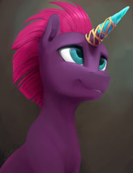 Size: 1530x1980 | Tagged: safe, artist:silfoe, character:fizzlepop berrytwist, character:tempest shadow, species:pony, species:unicorn, my little pony: the movie (2017), broken horn, commission, crystal, cute, female, gray background, grin, happy, lidded eyes, looking up, mare, prosthetic horn, prosthetics, simple background, sitting, smiling, solo, tempest gets her horn back, tempestbetes