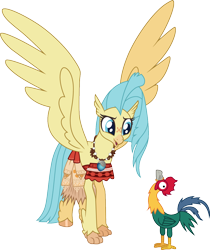 Size: 1000x1189 | Tagged: safe, artist:cloudyglow, character:princess skystar, species:chicken, species:classical hippogriff, species:hippogriff, g4, my little pony: the movie (2017), clothes swap, clothing, cosplay, costume, disney, female, freckles, hei hei the rooster, moana, open mouth, simple background, transparent background