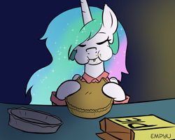 Size: 1000x800 | Tagged: safe, artist:empyu, character:princess celestia, species:pony, 30 minute art challenge, clothing, eating, eyes closed, female, food, mare, messy eating, missing accessory, nom, pie, puffy cheeks, solo