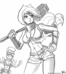 Size: 725x805 | Tagged: safe, artist:johnjoseco, character:applejack, character:derpy hooves, species:human, blacksmith, crossover, grayscale, hammer, humanized, monochrome, ragnarok online, super novice, winged humanization