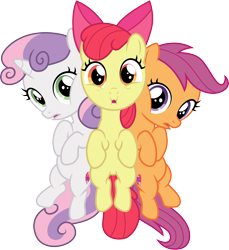 Size: 3000x3276 | Tagged: safe, artist:cloudyglow, artist:parclytaxel, character:apple bloom, character:scootaloo, character:sweetie belle, species:earth pony, species:pegasus, species:pony, species:unicorn, episode:the fault in our cutie marks, g4, my little pony: friendship is magic, .ai available, cute, cutie mark crusaders, female, filly, high res, horn, looking at you, simple background, transparent background, vector, wings