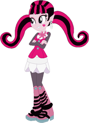 Size: 381x528 | Tagged: safe, artist:selenaede, artist:user15432, base used, my little pony:equestria girls, barely eqg related, boots, clothing, crossed arms, crossover, cute, cute little fangs, dracula, draculaura, ear piercing, earring, equestria girls style, equestria girls-ified, fangs, jewelry, mattel, monster high, pantyhose, piercing, pigtails, pink skin, shirt, shoes, simple background, skirt, vampire, vegan, vegetarian, white background