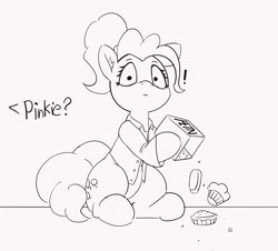 Size: 1280x1158 | Tagged: safe, artist:pabbley, character:pinkie pie, species:earth pony, species:pony, 30 minute art challenge, clothing, explosives, female, food, looking at you, mare, monochrome, muffin, shirt, sketch, solo
