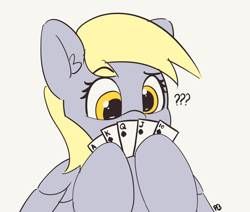 Size: 2442x2075 | Tagged: safe, artist:pabbley, character:derpy hooves, species:pegasus, species:pony, 30 minute art challenge, card, confused, female, hoof hold, mare, playing card, poker, question mark, raised eyebrow, royal flush, simple background, solo, spread wings, straight flush, white background, wings, you're doing it wrong