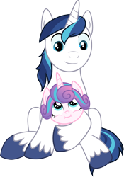 Size: 3000x4282 | Tagged: safe, artist:cloudyglow, character:princess flurry heart, character:shining armor, species:alicorn, species:pony, species:unicorn, episode:once upon a zeppelin, g4, my little pony: friendship is magic, .ai available, absurd resolution, baby, baby pony, cute, duo, duo male and female, father and child, father and daughter, female, filly, flurrybetes, foal, holding a pony, horn, looking at each other, looking down, looking up, male, shining adorable, simple background, smiling, stallion, transparent background, vector, wings