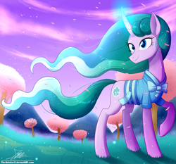 Size: 1871x1742 | Tagged: safe, artist:the-butch-x, character:mistmane, species:pony, species:unicorn, bow, breeze, clothing, cloud, curved horn, female, glowing horn, grass, horn, magic, mare, mountain, petals, sky, solo, tree, wind