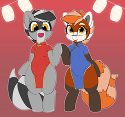 Size: 6160x5753 | Tagged: safe, artist:pabbley, oc, oc only, oc:bandy cyoot, oc:pandy cyoot, species:pony, absurd resolution, cheongsam, chinese new year, clothing, cute, female, looking at you, mare, ocbetes, red panda pony, smiling