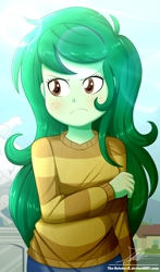 Size: 920x1560 | Tagged: safe, artist:the-butch-x, character:wallflower blush, equestria girls:forgotten friendship, g4, my little pony: equestria girls, my little pony:equestria girls, blushing, clothing, cute, female, flowerbetes, freckles, long hair, looking away, pants, solo, sweater