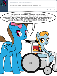 Size: 600x800 | Tagged: safe, artist:dekomaru, oc, oc only, oc:breezy, oc:windy, species:pegasus, species:pony, tumblr:ask twixie, ask, female, filly, handicapped, mare, mother and daughter, tumblr, wheelchair