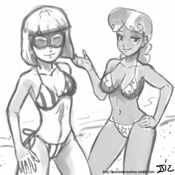 Size: 805x805 | Tagged: safe, artist:johnjoseco, character:photo finish, character:sapphire shores, species:human, beach, bikini, breasts, clothing, duo, duo female, female, grayscale, humanized, monochrome, skinny, star printed swimsuit, striped swimsuit, swimsuit
