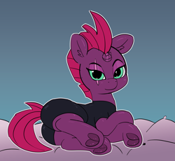 Size: 3951x3635 | Tagged: safe, artist:pabbley, character:tempest shadow, species:pony, species:unicorn, my little pony: the movie (2017), broken horn, eye scar, female, frog (hoof), hoofbutt, looking at you, lying down, mare, pillow, scar, solo, sultry pose, underhoof