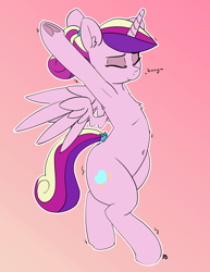 Size: 4210x5457 | Tagged: safe, artist:pabbley, character:princess cadance, species:alicorn, species:pony, g4, absurd resolution, arm hooves, armpits, backbend, belly button, bipedal, cute, cutedance, eyes closed, female, frog (hoof), gradient background, hoofbutt, mare, smiling, solo, stretching, underhoof, white outline