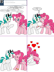 Size: 1204x1604 | Tagged: safe, artist:dekomaru, character:pinkie pie, oc, oc:dazzle, species:earth pony, species:pony, tumblr:ask twixie, ask, canon x oc, comic, engagement ring, female, glomp, happy, heart, male, ring, shipping, simple background, stallion, straight, tumblr, white background