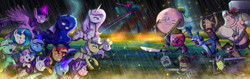 Size: 4223x1330 | Tagged: safe, artist:the-butch-x, character:dinky hooves, character:dj pon-3, character:fleur-de-lis, character:lyra heartstrings, character:minuette, character:princess luna, character:rarity, character:starlight glimmer, character:sunset shimmer, character:sweetie belle, character:trixie, character:twilight sparkle, character:twilight sparkle (alicorn), character:upper crust, character:vinyl scratch, species:alicorn, species:anthro, species:pony, species:unicorn, anthro with ponies, badass, baseball bat, benson, cartoon network, commission, counterparts, crossover, epic, female, fight, glowing horn, gritted teeth, gun, hammer, handgun, high-five ghost, knife, male, mare, mordecai, mordecai and rigby, muscle man, pops, redraw, regular show, revolver, rigby, shotgun, skips, spear, sword, techmo, this will not end well, twilight's counterparts, weapon, xk-class end-of-the-world scenario
