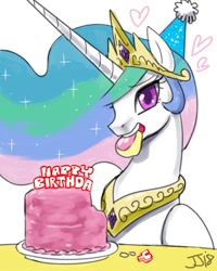 Size: 700x875 | Tagged: safe, artist:johnjoseco, character:princess celestia, species:alicorn, species:pony, birthday, cake, cakelestia, clothing, cute, cutelestia, female, food, happy, hat, heart, lidded eyes, looking at you, mare, mouth hold, nicole oliver, open mouth, party hat, simple background, sitting, smiling, solo, white background