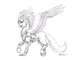 Size: 1400x1094 | Tagged: safe, artist:baron engel, species:griffon, armor, bucky o'hare, female, grayscale, griffonized, jenny, monochrome, open mouth, pencil drawing, raised leg, signature, simple background, solo, species swap, spread wings, traditional art, white background, wings