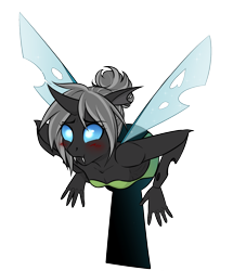 Size: 1324x1538 | Tagged: safe, artist:askbubblelee, oc, oc only, oc:imago, species:anthro, species:changeling, anthro oc, blushing, changeling oc, clothing, disney, fangs, female, hair bun, simple background, solo, stuck, tinkerbell, transparent background
