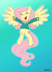 Size: 733x1000 | Tagged: safe, artist:empyu, character:fluttershy, species:pegasus, species:pony, episode:filli vanilli, g4, my little pony: friendship is magic, eyes closed, female, gradient background, happy, mare, music in the treetops, ponytones outfit, singing, solo, spread wings, wings