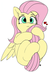 Size: 1065x1569 | Tagged: safe, artist:pabbley, edit, character:fluttershy, species:pegasus, species:pony, :3, color edit, colored, cute, dawwww, female, heart, holding tail, hug, mare, on back, shyabetes, simple background, solo, tail hug, white background, wings