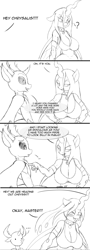 Size: 500x1392 | Tagged: safe, artist:suirano, character:queen chrysalis, character:thorax, species:anthro, species:changeling, species:reformed changeling, ..., breasts, busty queen chrysalis, cleavage, clothing, collar, comic, dialogue, master, monochrome, subalis
