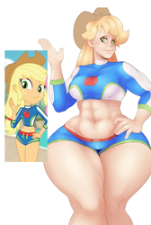 Size: 1313x1952 | Tagged: safe, artist:sundown, character:applejack, species:human, equestria girls:forgotten friendship, g4, my little pony: equestria girls, my little pony:equestria girls, abs, applebucking thighs, applejacked, clothing, colored, female, hand on hip, humanized, impossibly wide hips, jacqueline applebuck, midriff, muscles, scene interpretation, smiling, solo, swimsuit, thunder thighs, wetsuit, wide hips