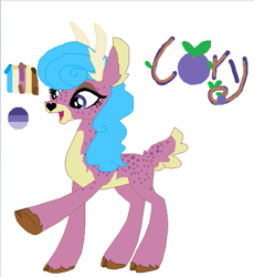 Size: 473x514 | Tagged: safe, artist:latiapainting, artist:selenaede, oc, oc only, oc:cory, species:deer, :d, blueberry, floppy ears, heart nose, ms paint, open mouth, reference sheet, simple background, solo, white background