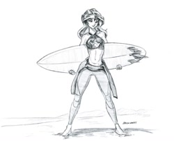 Size: 1400x1135 | Tagged: safe, artist:baron engel, character:sunset shimmer, my little pony:equestria girls, barefoot, beach, belly button, clothing, feet, female, grayscale, looking at you, monochrome, ocean, pencil drawing, sand, simple background, sketch, smiling, solo, surfboard, surfer, swimsuit, traditional art, wetsuit, white background