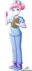 Size: 1004x2190 | Tagged: safe, artist:the-butch-x, character:nurse redheart, equestria girls:forgotten friendship, g4, my little pony: equestria girls, my little pony:equestria girls, clipboard, clothing, commission, female, hat, nurse, nurse hat, nurse outfit, pen, scrubs (gear), shoes, signature, simple background, sneakers, solo, transparent background