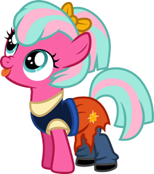 Size: 1000x1128 | Tagged: safe, artist:cloudyglow, character:twirly treats, species:pony, all dogs go to heaven, anne marie, blep, clothing, cosplay, costume, cute, don bluth, female, filly, scrunchy face, silly, simple background, smiling, solo, tongue out, transparent background, twirly treats