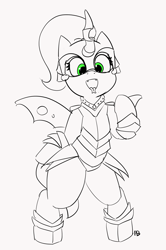 Size: 3217x4854 | Tagged: safe, artist:pabbley, character:queen chrysalis, species:changeling, armor, changeling queen, female, looking at you, monochrome, sketch, smiling, solo