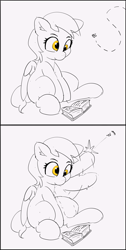 Size: 3939x7836 | Tagged: safe, artist:pabbley, character:derpy hooves, species:pegasus, species:pony, g4, book, comic, female, fly, mare, monochrome, partial color, reading, simple background, sketch, smiling, solo, white background, wings