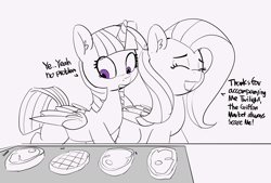 Size: 5613x3803 | Tagged: safe, artist:pabbley, character:fluttershy, character:twilight sparkle, character:twilight sparkle (alicorn), species:alicorn, species:pony, drool, eyes closed, female, food, mare, meat, monochrome, omnivore twilight, ponies wanting to eat meat, simple background, sketch, smiling