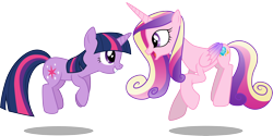 Size: 5996x3001 | Tagged: safe, artist:cloudyglow, edit, editor:slayerbvc, character:princess cadance, character:twilight sparkle, character:twilight sparkle (unicorn), species:alicorn, species:pony, species:unicorn, accessory-less edit, barehoof, duo, female, mare, missing accessory, simple background, sunshine sunshine, transparent background, vector, vector edit