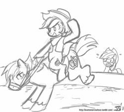Size: 1000x909 | Tagged: safe, artist:johnjoseco, character:applejack, character:big mcintosh, character:lyra heartstrings, species:earth pony, species:pony, species:unicorn, bridle, bronco buster, bucking, clothing, female, grayscale, hat, male, mare, monochrome, ponies riding ponies, reins, riding, rodeo, saddle, stallion, tack