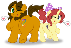 Size: 1600x1079 | Tagged: safe, artist:aleximusprime, oc, oc:alex the chubby pony, oc:eilemonty, ponysona, species:earth pony, species:pony, species:unicorn, bow, butt bump, butt to butt, butt touch, chubby, cute, duo, duo male and female, eilemonty, female, friends, heart, male, mare, mare and stallion, one eye closed, pictogram, plot, plot pair, plump, stallion, wink