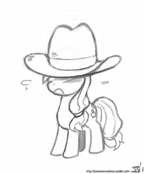 Size: 833x1000 | Tagged: safe, artist:johnjoseco, character:applejack, species:earth pony, species:pony, clothing, cowboy hat, female, filly, foal, grayscale, hat, monochrome, solo, younger