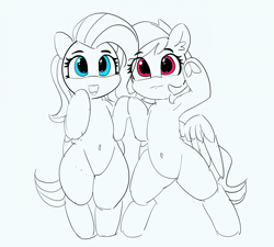 Size: 1280x1154 | Tagged: safe, artist:pabbley, character:fluttershy, character:rainbow dash, species:pegasus, species:pony, armpits, belly button, bipedal, cute, dashabetes, dawwww, female, frog (hoof), hoofbutt, lineart, looking at you, mare, open mouth, partial color, raised hoof, shyabetes, simple background, smiling, underhoof, white background
