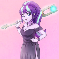Size: 3543x3543 | Tagged: safe, artist:sumin6301, character:starlight glimmer, species:eqg human, g4, my little pony:equestria girls, bare shoulders, breasts, busty starlight glimmer, cleavage, clothing, dress, female, jewelry, necklace, pink background, s5 starlight, side slit, simple background, smiling, solo, staff, staff of sameness