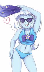 Size: 2728x4417 | Tagged: safe, artist:sumin6301, character:trixie, equestria girls:forgotten friendship, g4, my little pony: equestria girls, my little pony:equestria girls, adorasexy, armpits, belly button, bikini, bikini bottom, breasts, cleavage, clothing, cute, diatrixes, female, heart, sarong, sexy, simple background, smiling, solo, sunglasses, swimsuit, white background