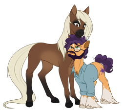 Size: 3281x3000 | Tagged: safe, artist:askbubblelee, oc, oc only, oc:cocoa nutt, oc:peter nutt, species:earth pony, species:pony, beard, clothing, couple, facial hair, female, husband and wife, larger female, looking at each other, male, mare, married couple, oc x oc, realistic anatomy, realistic horse legs, redesign, saddle arabian, shipping, shirt, simple background, size difference, smiling, socks (coat marking), stallion, star (coat marking), straight, transparent background, unshorn fetlocks