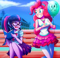 Size: 1160x1120 | Tagged: safe, artist:the-butch-x, character:pinkie pie, character:twilight sparkle, character:twilight sparkle (scitwi), species:eqg human, g4, my little pony: equestria girls, my little pony:equestria girls, alan keane, balloon, bench, book, bow tie, cartoon network, clothing, crossover, cute, diapinkes, duo, female, glasses, grin, hairband, legs, pantyhose, pleated skirt, ponytail, schrödinger's pantsu, skirt, skirt lift, smiling, the amazing world of gumball, upskirt denied