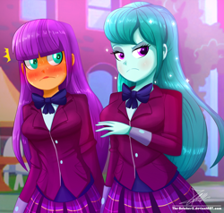 Size: 1220x1160 | Tagged: safe, artist:the-butch-x, character:cold forecast, character:ginger owlseye, equestria girls:friendship games, g4, my little pony: equestria girls, my little pony:equestria girls, blushing, bow tie, clothing, crystal prep academy uniform, duo, duo female, female, looking at you, plaid skirt, pleated skirt, school uniform, signature, skirt
