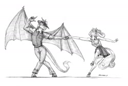 Size: 1610x1083 | Tagged: safe, artist:baron engel, character:sweetie belle, oc, oc:amber, species:anthro, species:dracony, anthro oc, armpits, canon x oc, clothing, cute, dancing, fedora, grayscale, hat, hybrid, monochrome, pencil drawing, shoes, simple background, skirt, traditional art, vest, white background