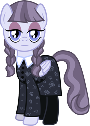 Size: 720x1000 | Tagged: safe, artist:cloudyglow, character:inky rose, species:pegasus, species:pony, braid, clothing, crossover, female, looking at you, mare, simple background, solo, the addams family, transparent background, wednesday addams