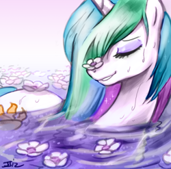 Size: 650x643 | Tagged: safe, artist:johnjoseco, character:princess celestia, species:alicorn, species:pony, ask princess molestia, bath, eyes closed, female, flower, mare, petals, smiling, swimming, water, wet, wet mane